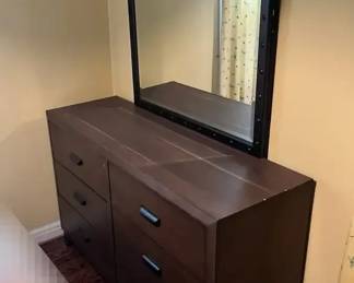 Wooden Dresser with Metal Accents and Mirror