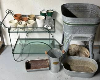 Vintage Galvanized Wash Tub Other Items, Metal and Glass Cart with Flower Pots