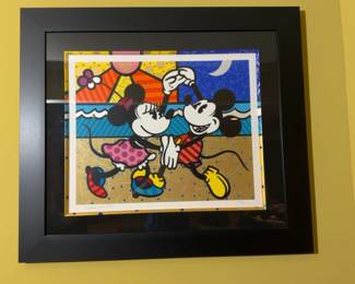 41”x36” Original Romero Britto Mickey and Minnie Mouse Dancing Framed Mixed Media