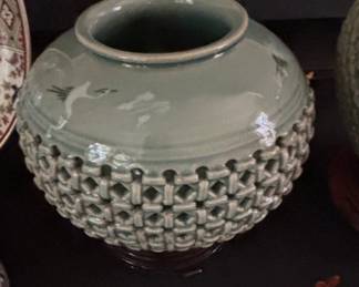 Vintage Korean Celadon Reticulated Vase with Crane Motif