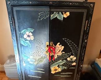 Chinoiserie Black Lacquer Floral Cabinet with Mother of Pearl Inlay