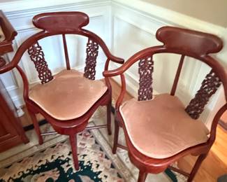 Pair of Vintage Chinese Rosewood Horseshoe Corner Chairs with MotherofPearl Inlay