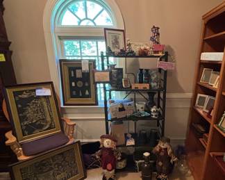 Assorted Decor and Collectibles, Framed Etchings or Prints and Bookshelves