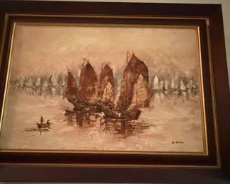 P. Wong Oil Painting of Junks