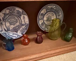 Collection of Souvenir Plates and Miniature Glass Pitchers