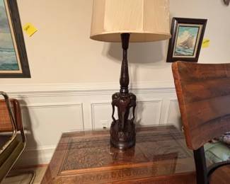 Vintage Hand Carved Teak Wood Elephant Table Lamp