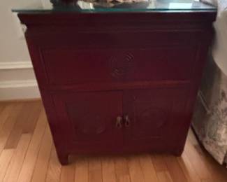 Pair of Vintage MingStyle Rosewood Nightstands With Carved Medallion Doors