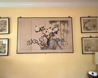 Vintage Chinese Silk Embroidery FourPanel Screen with Birds and Peonies