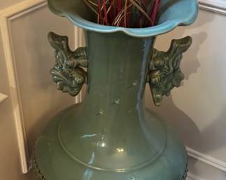 Korean Celadon Glazed DoubleWall Vase with Foo Dog Handles and Stand