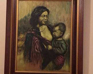 Vintage Thai Papa San and Mama San Portrait Oil Painting
