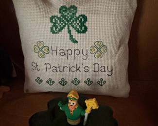 St. Patricks Day CrossStitch Pillow and Shamrock Trinket Dish