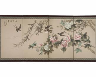 Vintage Chinese Silk Embroidered ThreePanel Wall Screen with Swallows and Peonies