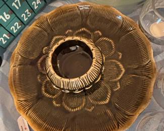 Sarreguemines French Majolica Brown Glaze Oyster Plate with Condiment Bowl