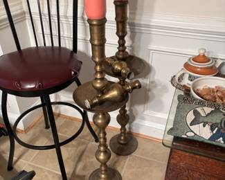 Pair of Tall Etched Brass Altar Candlesticks