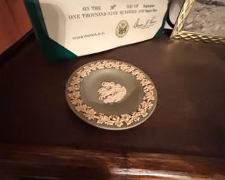 Wedgwood Sage Green Jasperware Ashtray with Grapevine Border