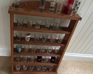 Vintage Wooden Spice Rack with Shot Glass Collection