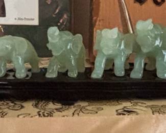 Set of Green Aventurine Elephants on Display Stand