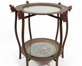Vintage Thai TwoTier Brass and Silk Accent Table with Dragon Motif