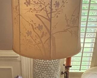 Pair of Reticulated Ceramic Table Lamps with Cherry Blossom Shades