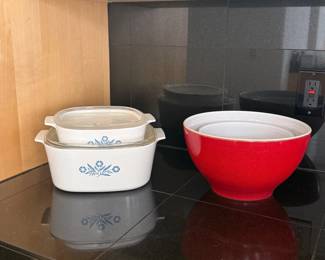 Lot #67 - Pyrex Red Nesting Mixing Bowls & Blue Floral Casserole Dishes