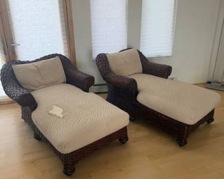 Lot #82 - Pair of Woven Wicker Chaise Lounge Chairs with Cushions