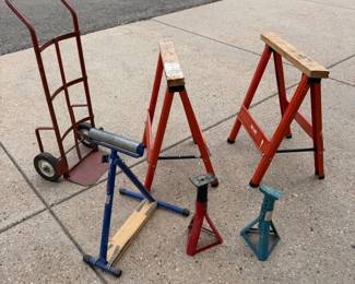 Lot #15 - Shop Support Set with Sawhorses, Jack Stands, Roller Stand & Hand Truck