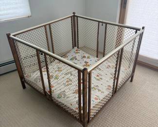 Lot #128 - Vintage Tiny-Tot Folding Baby Playpen | Wood & White Mesh with Original Pad