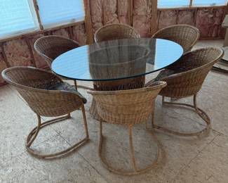 Lot #45 - Woven Wicker Glass-Top Dining Table & Chair Set