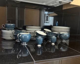 Lot #57 - Flintridge China Blue & Gray Dinnerware Service for 7+