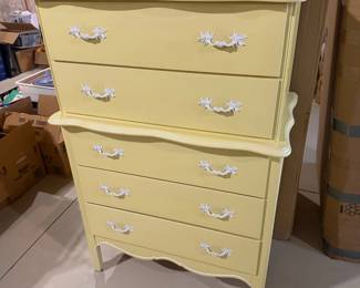 Lot #144 - Vintage Lullabye Nursery Furniture Set | Highboy Dresser, Crib, Mattress & Canopy Frame