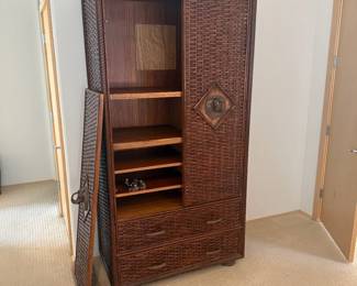 Lot #90 - Tall Woven Wicker Storage Cabinet with Elephant Hardware