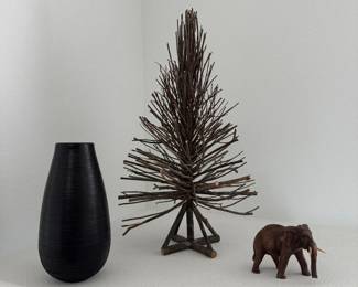 Lot #114 - Carved Elephant, Black Vase & Metal Tree Decor Trio