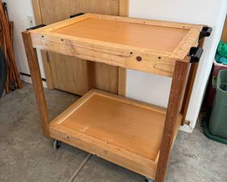 Lot #19 - Rolling Wood Shop Cart with Lower Shelf & Casters