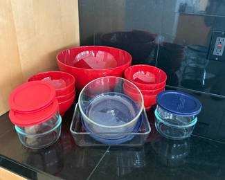 Lot #68 - Waechtersbach Red Salad Bowl Set & Pyrex Glass Storage Bowls