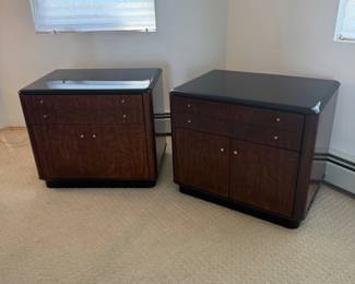 Lot #93 - Pair of Drexel Dark Wood Nightstands with Glass Tops