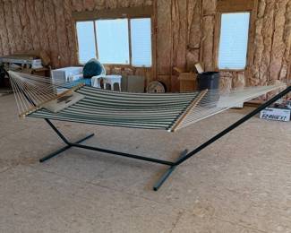 Lot #47 - Green Striped Spreader-Bar Hammock with Metal Stand