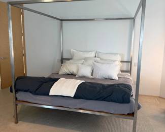Lot #91 - Modern Brushed Metal Four-Poster Canopy Bed Frame
