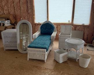 Lot #46 - 7 Piece White Wicker Chaise Lounge, Chest, Table & Storage Trunk