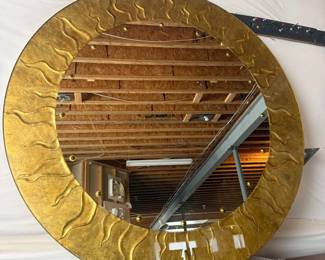 Lot #138 - Large Mid Century Round Gold Sunburst / Flame Design Wall Mirror | Sculptural Statement Décor