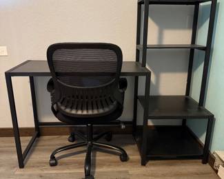 Lot #38 - Modern Home Office Set | Black Desk, Mesh Swivel Chair & 4-Tier Shelving Unit