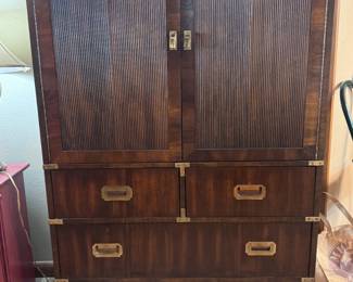 Vintage Lane Altavista MCM Campaign Wardrobe Armoire & Matching Nightstand Set.
