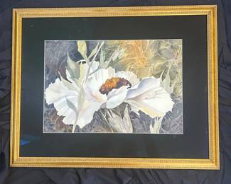 135 Original Watercolor White Poppy Floral  Signed Gohar