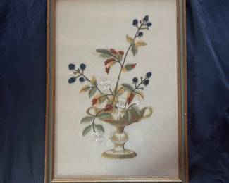 105 1961 HandEmbroidered Floral Urn Needlework Framed Textile Art