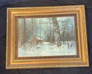 133 E. Davis Signed Original Winter Landscape Painting  Snowy Cabin