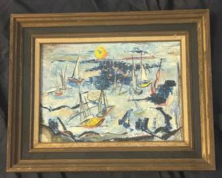 132 Geri Sachs Signed Original Harbor Sailboat Painting on Canvas  MidCentury Modern