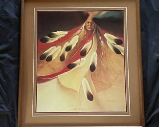 44 Frank Howell 1980 Double Signed Native American Portrait with Feathers Framed Art Print