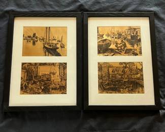 73 Pair Vintage Metallic Foil Maritime Harbor Prints  4 Coastal Scenes