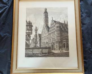 16 Believed to Be Ernst Geissendrfer Signed Original Etching Rathaus, Rothenburg ob der Tauber