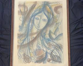 11 Grard Le Nalbaut 1977 Original Figurative Mixed Media  Woman  Flowers