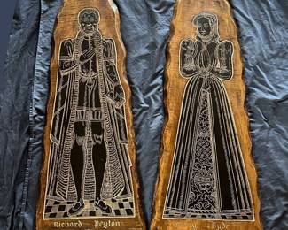 22 Pair of HandCarved Wood Panels After the Richard Peyton  Mary Hyde 1574 Monumental Brasses